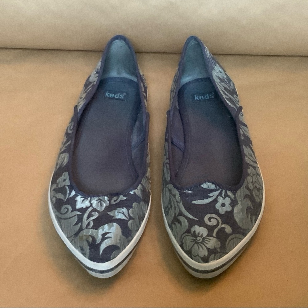Kitschy Pointed Toe Keds Navy Brocade Sneakers